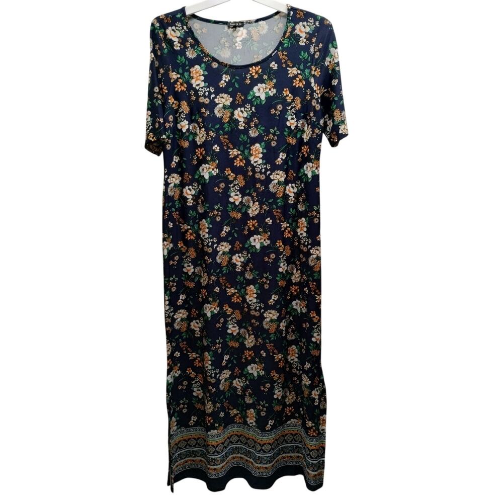 Sami & Jo Size XL Navy Blue Floral Boho Trim Short Sleeve Stretch Maxi Dress